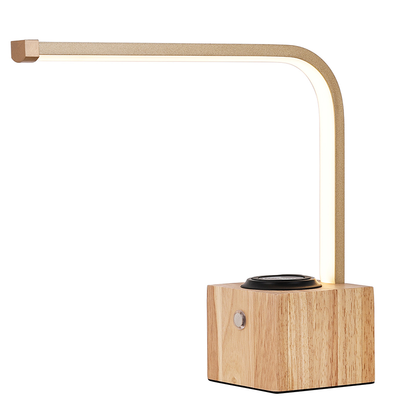 Traditie LED-bureaulamp met houten voet en draadloze oplader